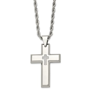 White Cubic Zirconia Stainless Steel Men's Cross Pendant With Chain