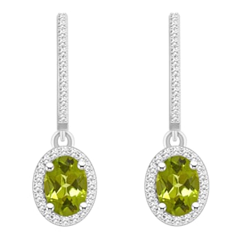 7x5mm Oval Peridot 1/3 ctw Diamond Rhodium Over Sterling Silver Halo
Dangle Earrings
