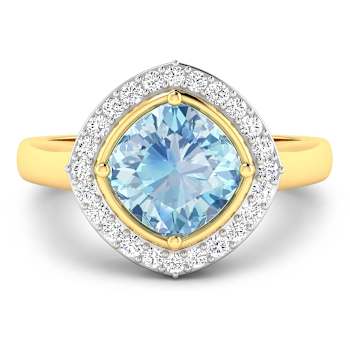 Cushion Cut Blue Aquamarine and White Diamond 14K Yellow Gold Halo Ring
1.72 ctw
