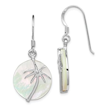 Rhodium Over Sterling Silver Polished Mother of Pearl Palm Tree Earrings