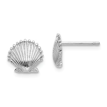 Rhodium Over 14K White Gold Textured Scallop Shell Stud Earrings