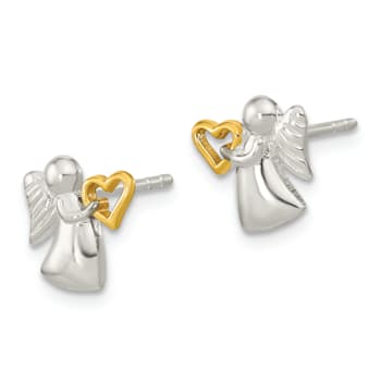 Rhodium Over Sterling Silver Angel With 14K Yellow Gold Over Sterling
Silver Heart Earrings