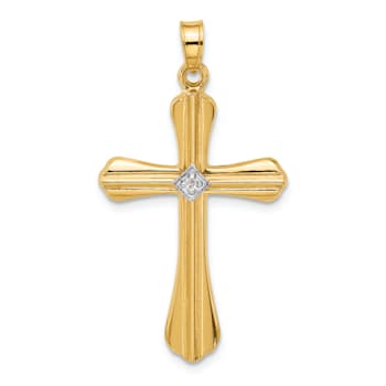 14K Yellow Gold Polished and Grooved Hollow Diamond Cross Pendant