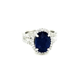 5.40 Ctw Blue Sapphire and 1.50 Ctw White Diamond Ring in 14K WG