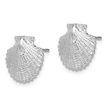Rhodium Over Sterling Silver Polished Scallop Shell Post Earrings