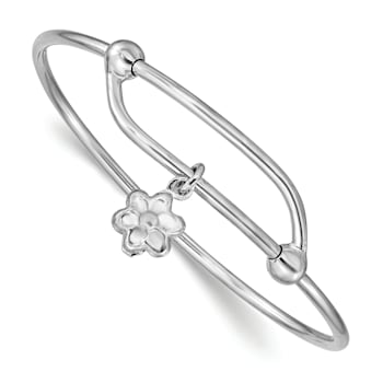 Rhodium Over Sterling Silver Flower Adjustable Baby Bangle