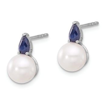 Rhodium Over 14K White Gold Freshwater Cultured Pearl and Sapphire Post Earrings