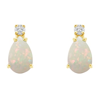 6x4mm Pear Shape Opal with Diamond Accents 14k Yellow Gold Stud Earrings