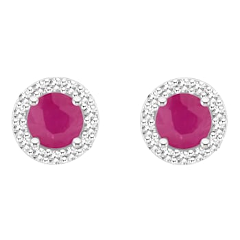 4mm Round Ruby 1/8 ctw Diamond Rhodium Over Sterling Silver Halo Stud Earrings