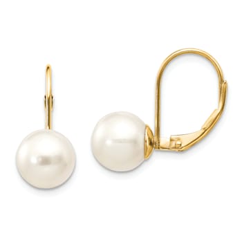 14K Yellow Gold 8-9mm White Round Freshwater Cultured Pearl Leverback Earrings
