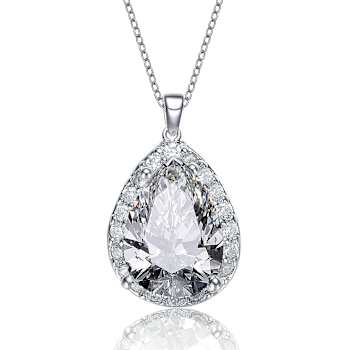 Pear Shape CZ Halo Pendant Necklace In White Rhodium Over Brass