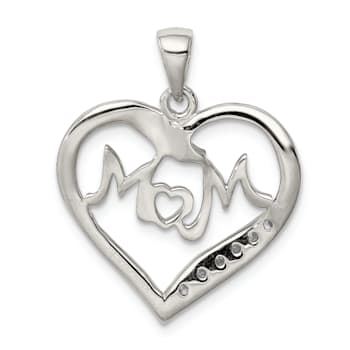Rhodium Over Sterling Silver MOM Cubic Zirconia Heart Pendant