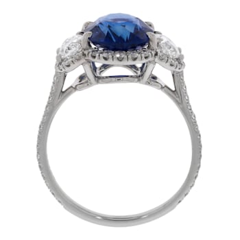 Oval Blue Sapphire and White Diamond Platinum Ring. 4.80 CTW