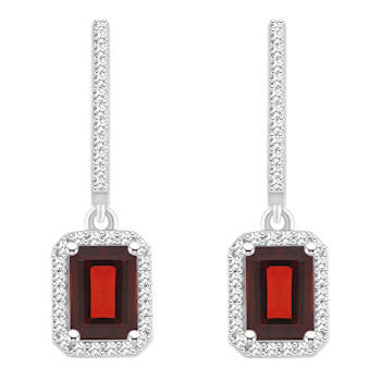 7x5mm Emerald Cut Garnet 1/3 ctw Diamond Rhodium Over Sterling Silver
Halo Dangle Earrings