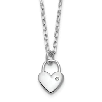 Rhodium Over Sterling Silver Polished Cubic Zirconia Heart Lock Necklace