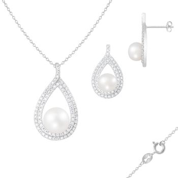 7-11mm Button White Freshwater Pearl and CZ Rhodium Over Sterling
Earring and Pendant W/Chain Set