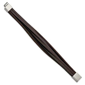 Brown Leather and Stainless Steel Brushed Multi Strand 8-inch Bracelet