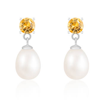 White Freshwater Pearl And CitrIne Dangle Earrings In Sterling Silver
