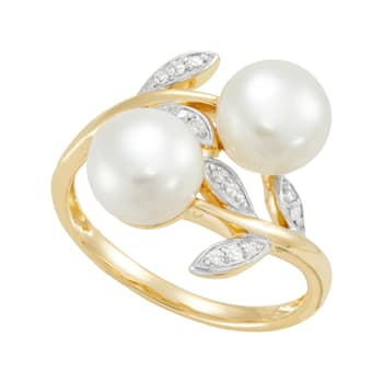 7-7.5mm Round White Freshwater Pearl with White Topaz Accents 10K Rose
Gold Leaf Design Ring