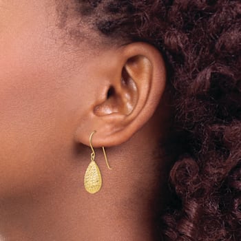 14K Yellow Gold Textured Puffed Teardrop Dangle Earrings
