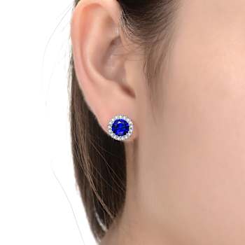 Sapphire Color CZ Halo Stud Earrings In Sterling Silver