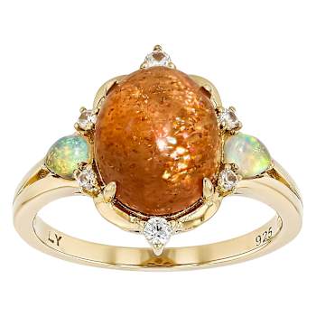 Sunstone, Opal And White Zircon Ring In 18K Gold Over Sterling Silver 0.29ctw