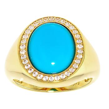 Turquoise Oval And White Zircon Ring In 18K Gold Over Sterling Silver 0.14ctw