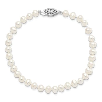 Rhodium Over Sterling Silver 5-6mm White Freshwater Cultured Pearl Bracelet