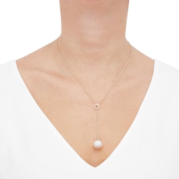 13mm Round Freshwater Pearl with 0.10ctw Diamond 14K Yellow Gold Lariat Necklace
