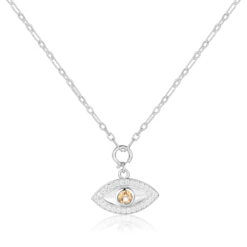 Citrine and Moissanite Rhodium Over Sterling Silver Evil Eye Necklace