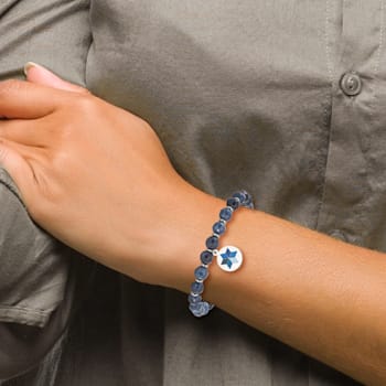 Stainless Steel Polished Enameled Flower Blue Jade Stretch Bracelet