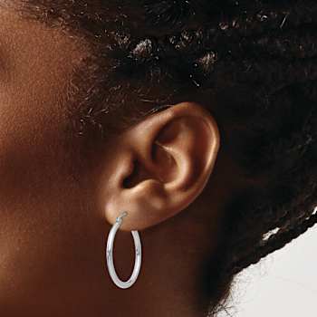 Rhodium Over 14k White Gold Polished 1" Tube Hoop Earrings