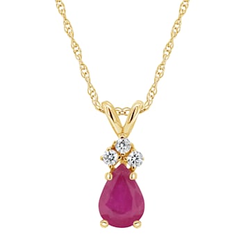 6x4mm Pear Shape Ruby with Diamond Accents 14k Yellow Gold Pendant With Chain