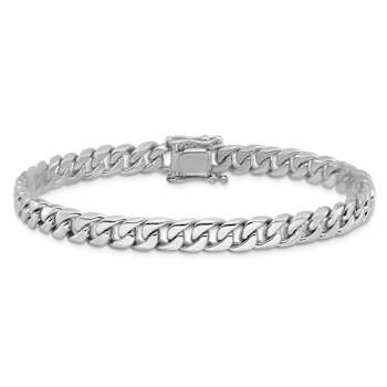 Rhodium Over 10k White Gold 6.8mm Hand Polished Flat Beveled Curb Link Bracelet