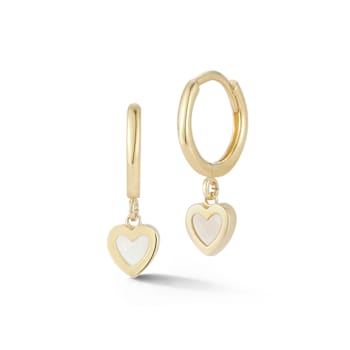 Bellissima Gold 14K Yellow Gold Mother of Pearl Heart Charm Mini Huggie Earrings