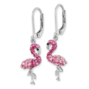 Rhodium Over Sterling Silver Pink Crystal Flamingo Leverback Earrings
