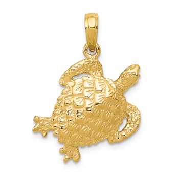 14k Yellow Gold Solid Polished and Textured Open-Backed Turtle Pendant