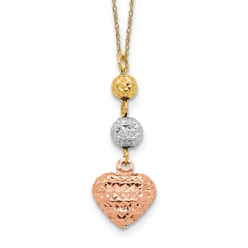 14K Tri-color Ropa Diamond Cut Beads and Heart with 2-inch Extension Necklace