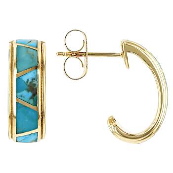 Turquoise Inlay J-Hoop Earrings In 18K Gold Over Sterling Silver