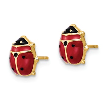 14k Yellow Gold Polished Red and Black Enameled Large Ladybug Stud Earrings