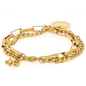 Paperclip And Curb Multi-Row Coin Charm Bracelet In Gold-Tone