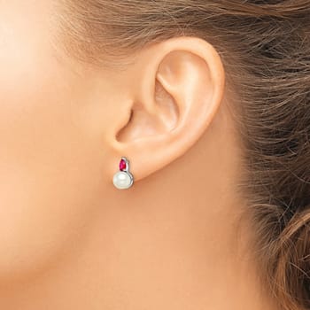 Rhodium Over 14K White Gold Freshwater Cultured Pearl and Ruby Post Earrings
