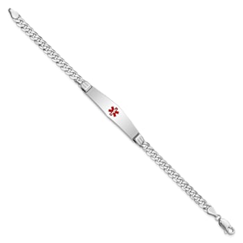 Rhodium Over 14k White Gold Medical Soft Diamond Shape Red Enamel Flat
Curb Link ID Bracelet