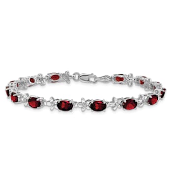 Rhodium Over 14k White Gold Floral Diamond and Garnet Bracelet
