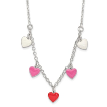 Sterling Silver Polished Pink, Red and White Enamel Heart Children's Necklace