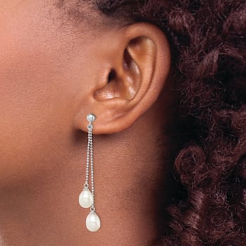 Rhodium Over Sterling Silver  7-8mm White Freshwater Cultured Pearl Post
Dangle Earrings
