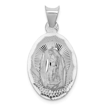 Rhodium Over 14K White Gold Our Lady of Guadalupe Semi-solid Oval Pendant