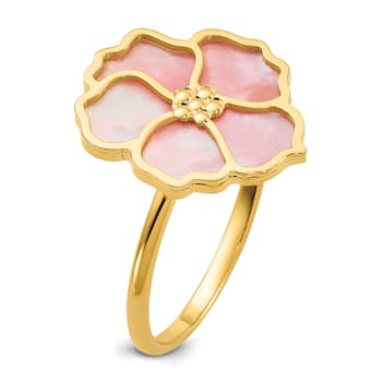 14K Yellow Gold Pink and White Mother of Pearl Flower Ring