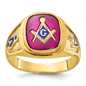 10K Yellow Gold Men's Enamel and Lab Created Ruby Blue Lodge Masonic Ring