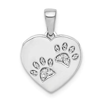 Rhodium Over 14K White Gold Diamond Paw Prints Heart Pendant
